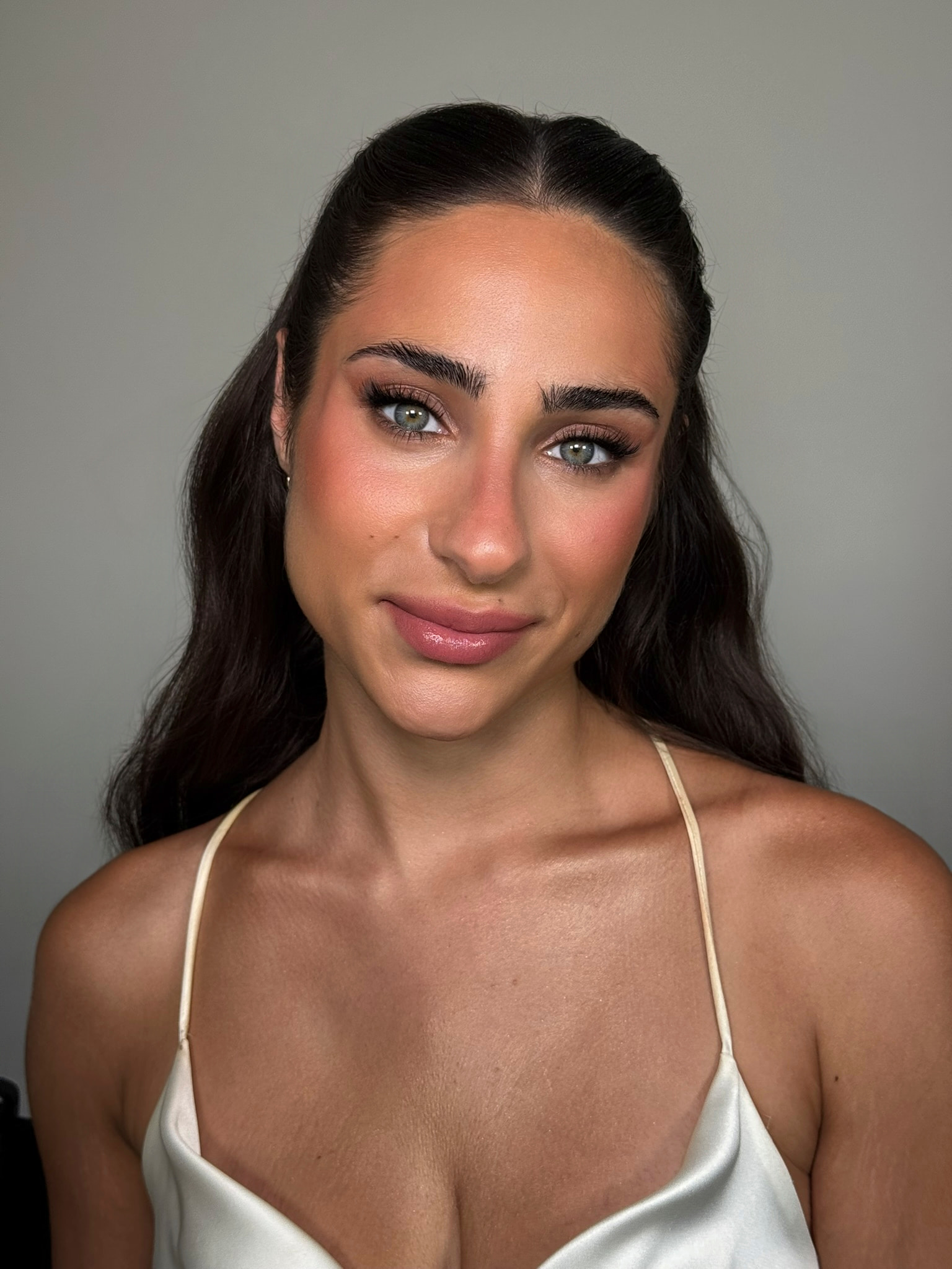 Natural bridal makeup with soft glow and half-up hair — Marikate Makeup Melbourne