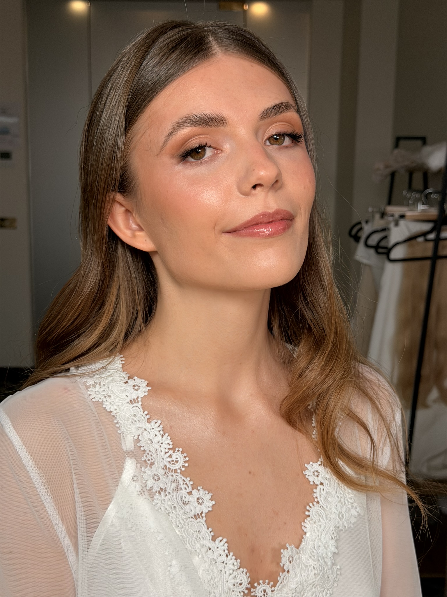 Warm natural bridal makeup with lace gown — Marikate Makeup Melbourne