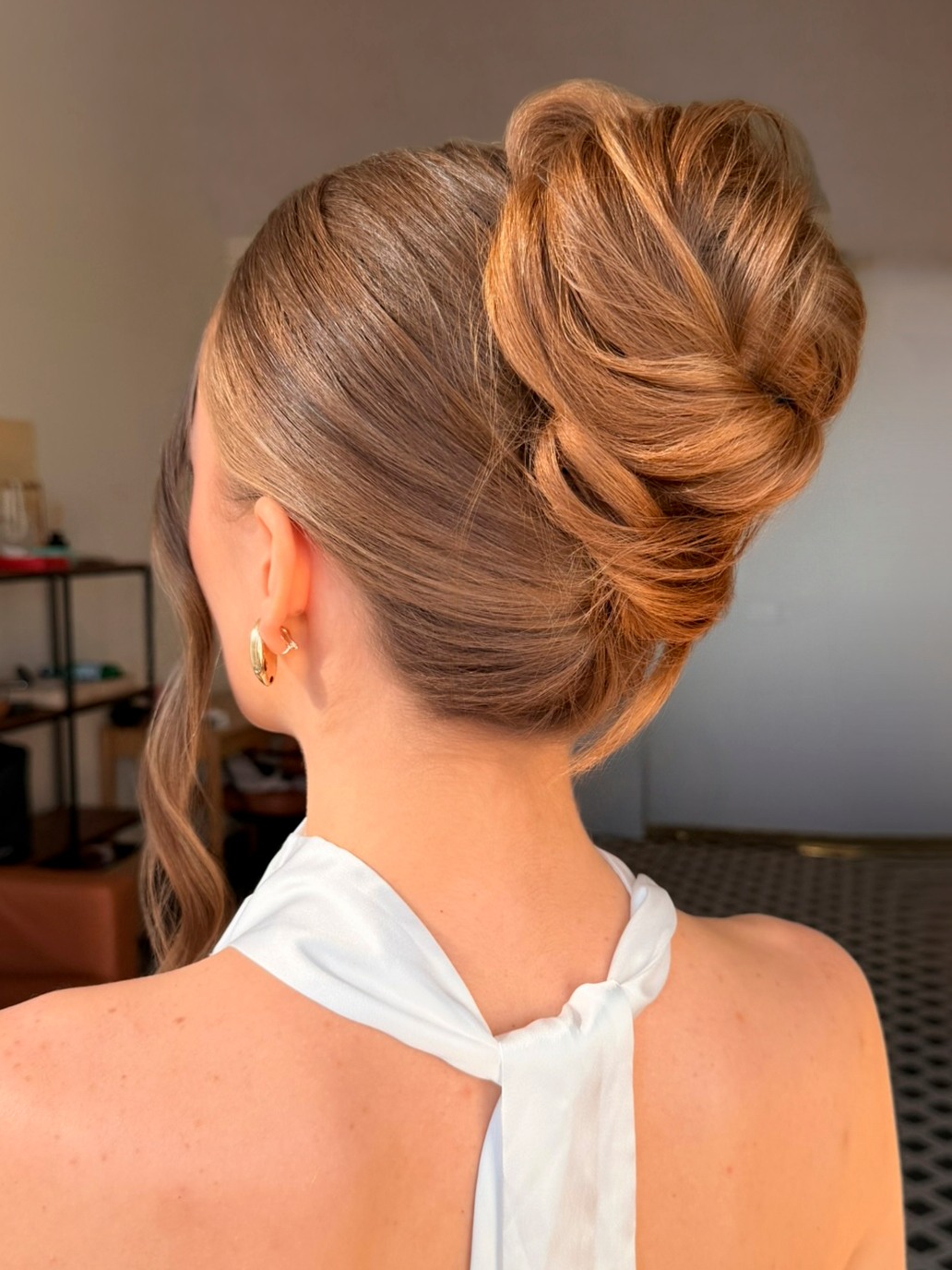Textured high bun bridal upstyle — Marikate Makeup Melbourne