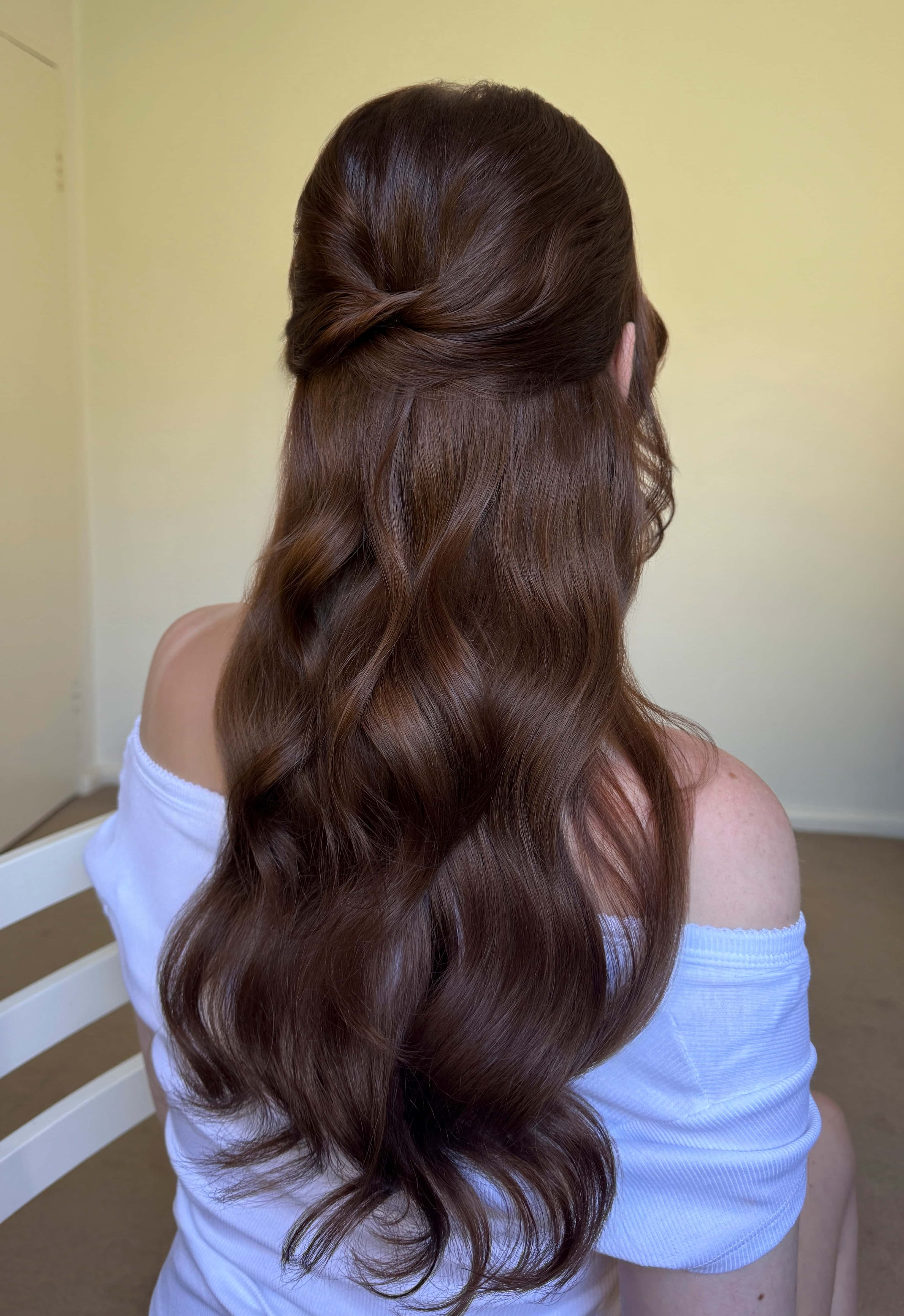 Half-up bridal style with rich brunette waves — Marikate Makeup Melbourne