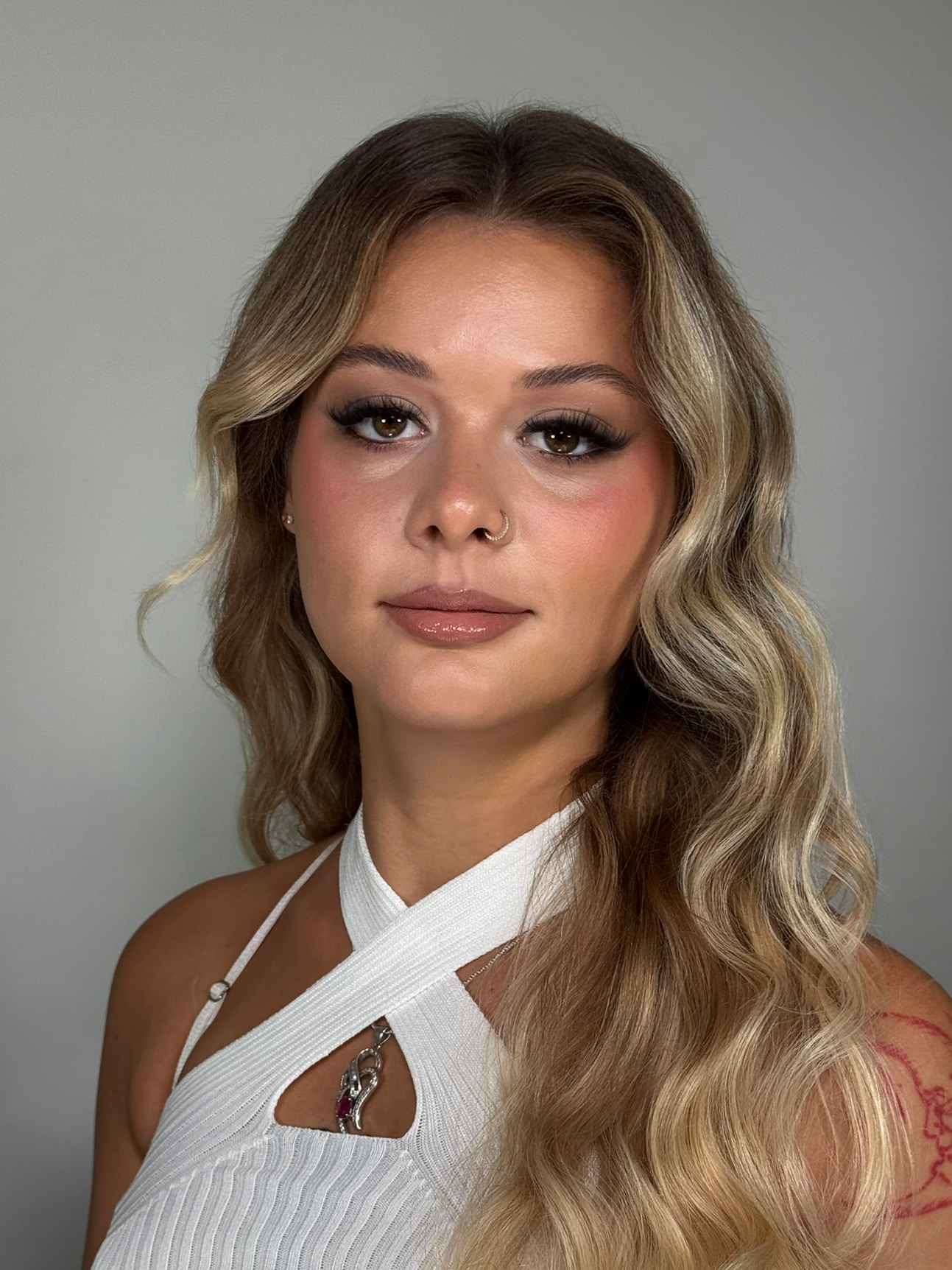 Glossy soft glam with waves and pearl earrings — Marikate Makeup Melbourne