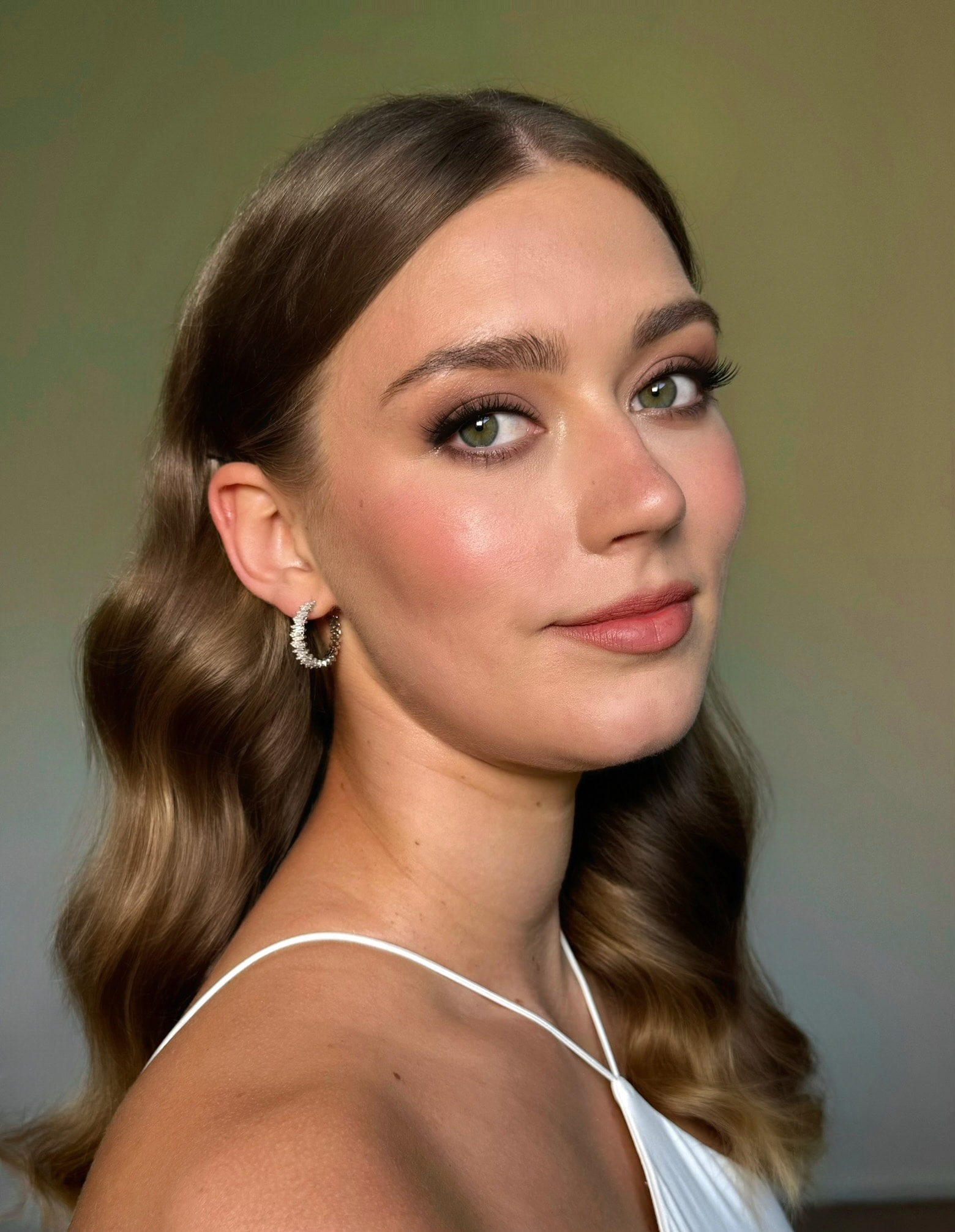 Romantic soft glam with green eyes and waves — Marikate Makeup Melbourne